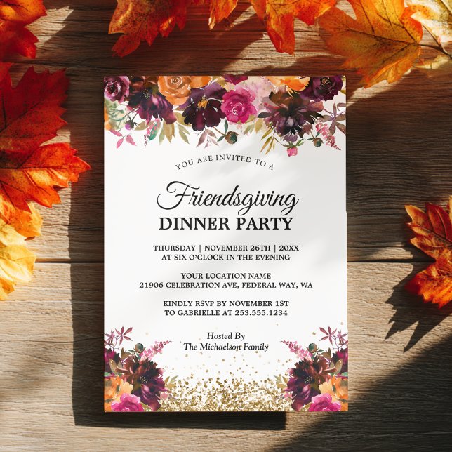 Rustic Floral Thanksgiving Dinner Party Invitation (Fall Autumn Floral Gold Glitter Friendsgiving Invitation)