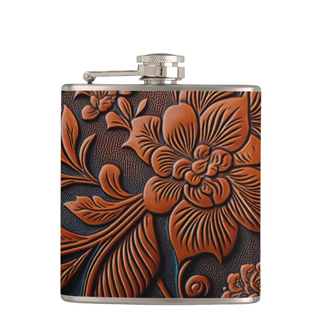Rustic Floral Tooled Leather Flask (Front)