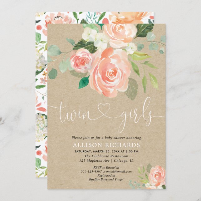 Rustic floral twin girls kraft baby shower invitation (Front/Back)