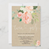 Rustic floral twin girls kraft baby shower invitation (Front)