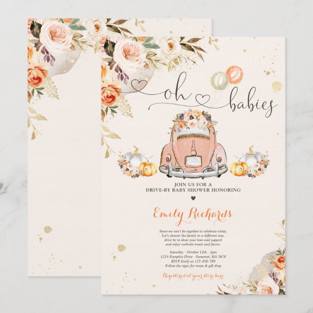 Rustic Floral Twin Pumpkin Drive By Baby Shower Invitation (Front/Back)