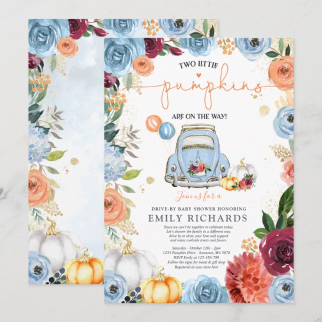 Rustic Floral Twin Pumpkin Drive By Baby Shower Invitation (Front/Back)