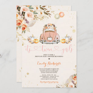 Rustic Floral Twin Pumpkin Drive By Baby Shower Invitation