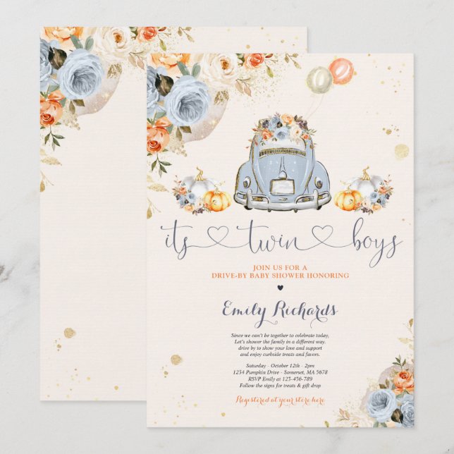 Rustic Floral Twin Pumpkin Drive By Baby Shower Invitation (Front/Back)