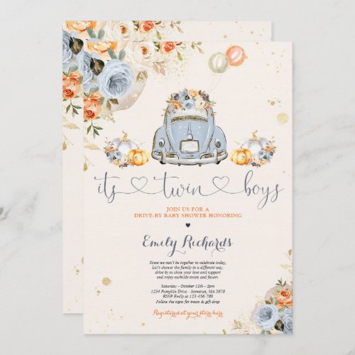 Rustic Floral Twin Pumpkin Drive By Baby Shower Invitation