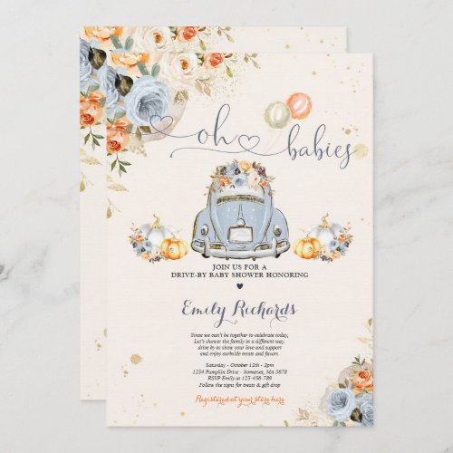 Rustic Floral Twin Pumpkin Drive By Baby Shower Invitation