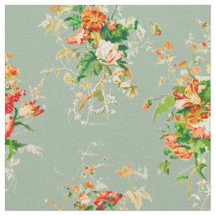 Rustic Floral Vintage Botanicals Orange Sage Green Fabric
