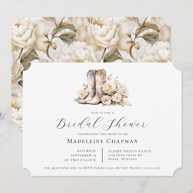 Rustic Floral Watercolor Boots Bridal Shower Invitation (Front/Back)