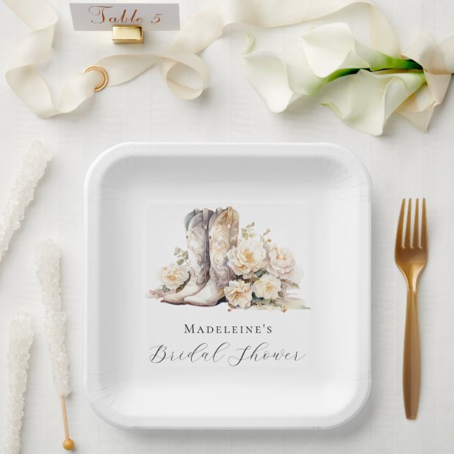 Rustic Floral Watercolor Boots Bridal Shower Paper Plates (Wedding)