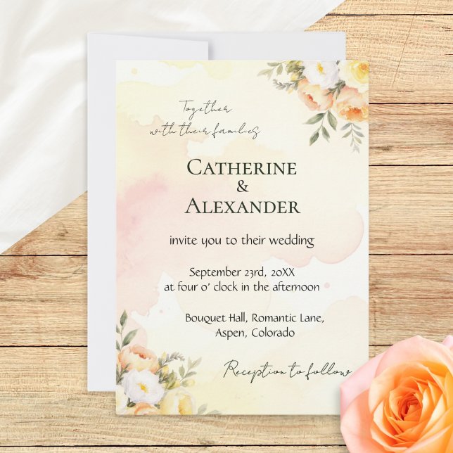 Rustic Floral Watercolor Chic Wedding Invitation (A pretty wedding invitation template with rustic peach, white and yellow roses in a watercolor style)