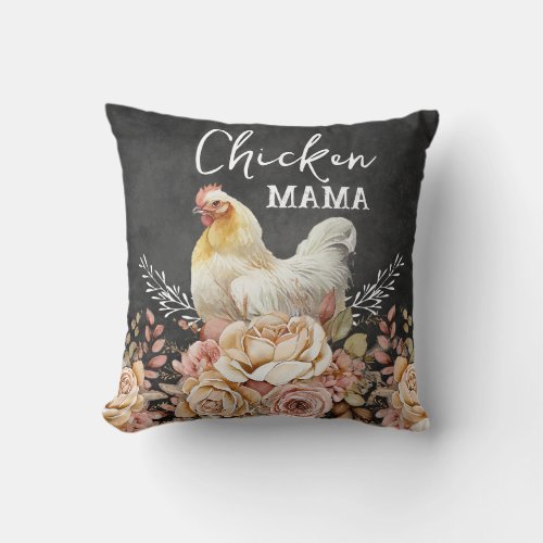 Rustic Floral Watercolor Chicken Mama Throw Pillow