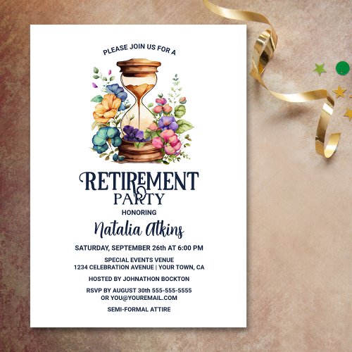 Rustic Floral Watercolor Hourglass Retirement Invitation