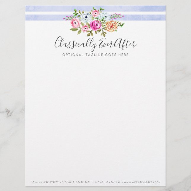 Rustic Floral Watercolor Modern Stripe Shabby Chic Letterhead (Front)