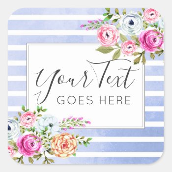 Rustic Floral Watercolor Modern Stripe Shabby Chic Square Sticker by CyanSkyDesign at Zazzle