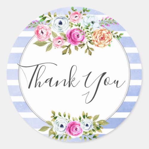 Rustic Floral Watercolor Modern Stripe Thank You Classic Round Sticker