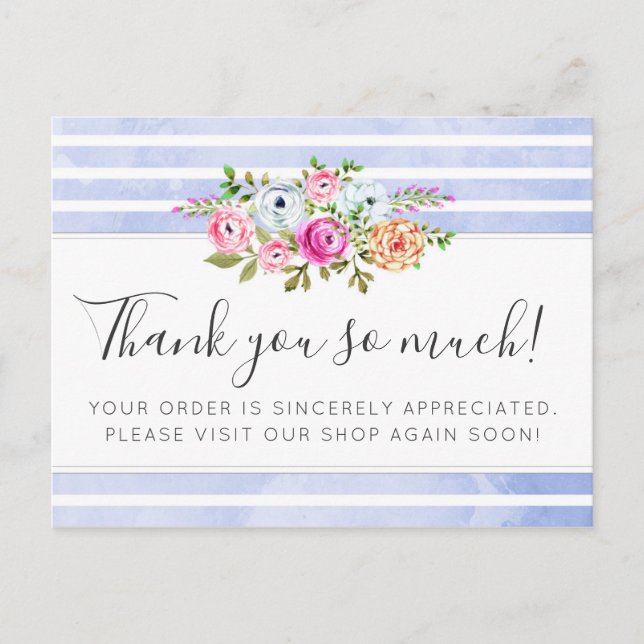Rustic Floral Watercolor Modern Stripe Thank You Postcard (Front)