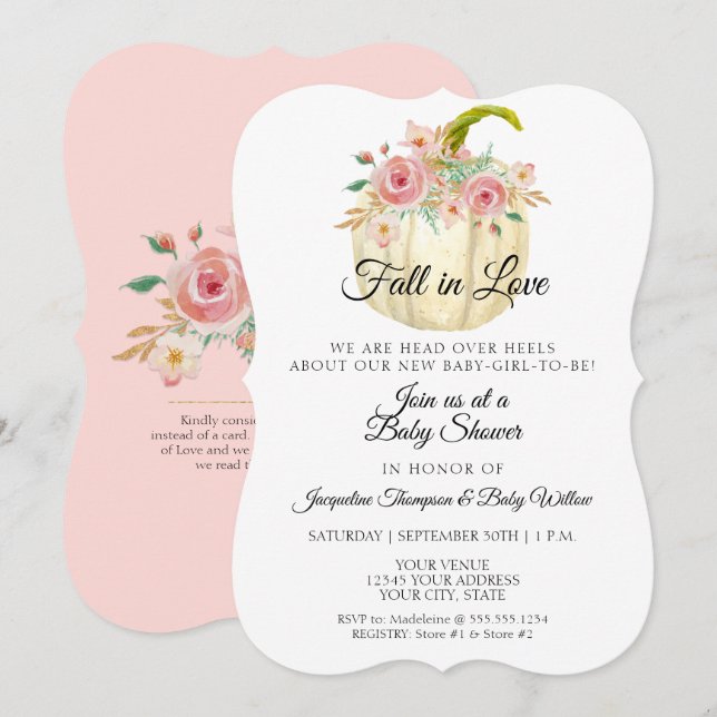 Rustic Floral Watercolor Pumpkin Girl Baby Shower Invitation (Front/Back)