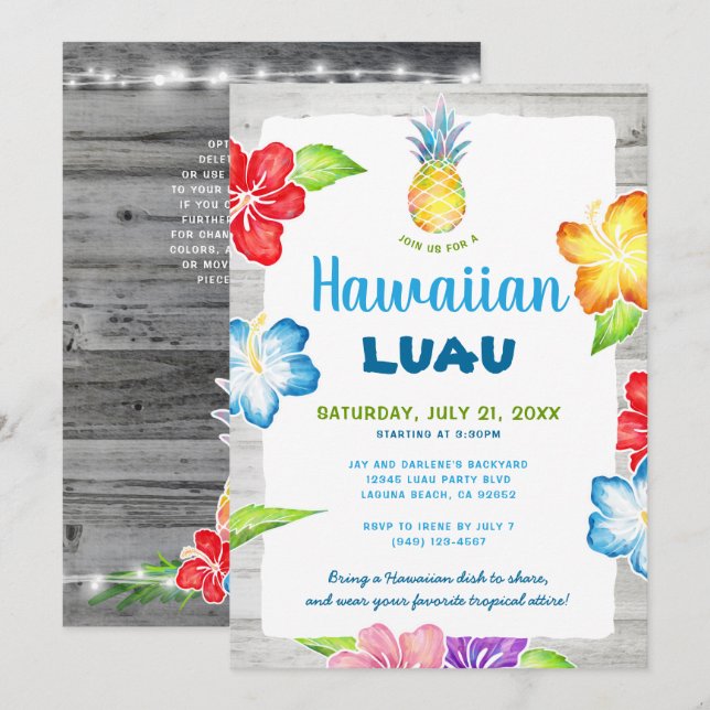 Rustic Floral Watercolor Tropical Hawaiian Luau Invitation (Front/Back)