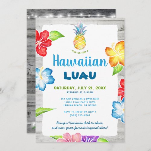 Rustic Floral Watercolor Tropical Hawaiian Luau Invitation