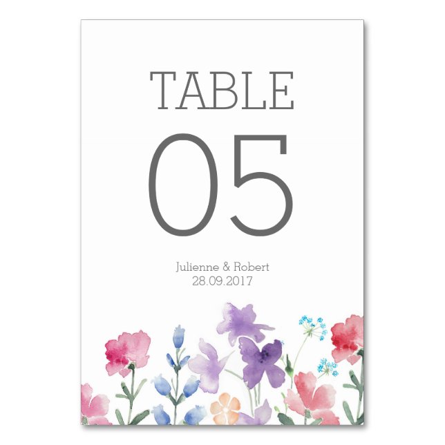 Rustic Floral Watercolor Wedding Table Number (Front)