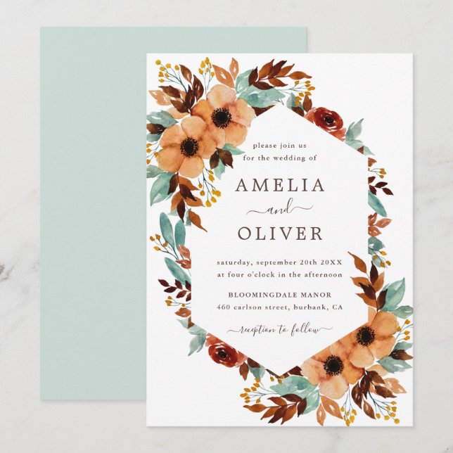Rustic Floral Watercolor White and Mint Wedding Invitation (Front/Back)