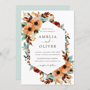Rustic Floral Watercolor White and Mint Wedding Invitation