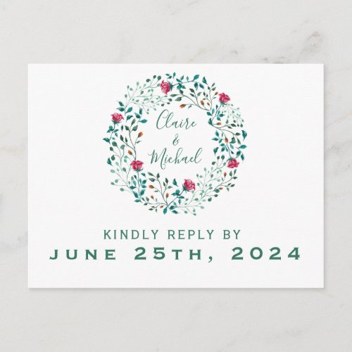 Rustic Floral Watercolor Wreath  RSVP Wedding Invitation Postcard