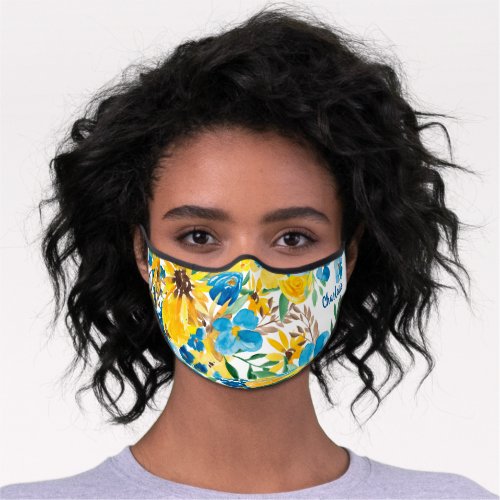 rustic floral watercolor yellow sunflowers name premium face mask
