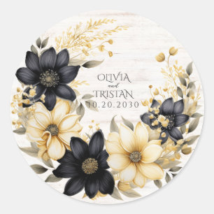 Rustic Floral Wedding Black White Wood Grain Classic Round Sticker