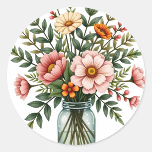 Rustic Floral Wedding Bouquet Mason Jar Botanical Classic Round Sticker