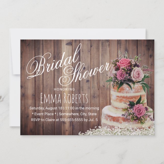 Rustic Floral Wedding Cake Elegant Bridal Shower Invitation (Front)