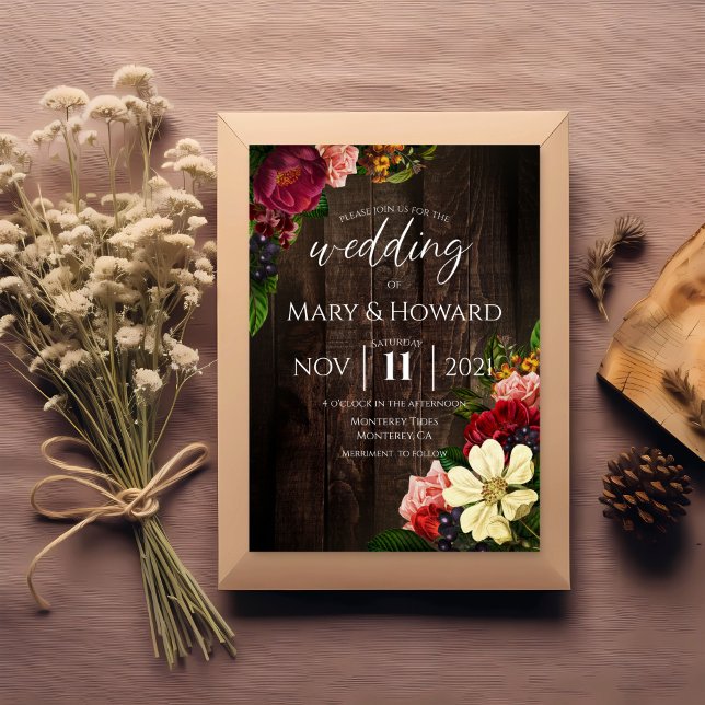 Rustic Floral Wedding - Dark Wood & Botanical Invitation (Creator Uploaded)