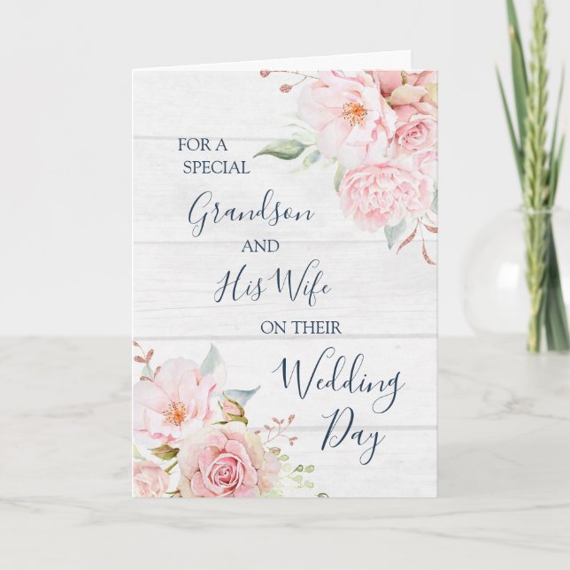Rustic Floral Wedding Day Grandson and Wife card (Front)