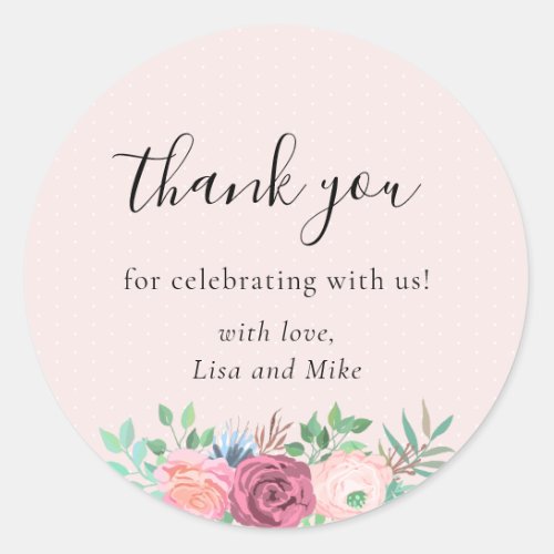 Rustic Floral Wedding Favor Thank You Pink Classic Round Sticker