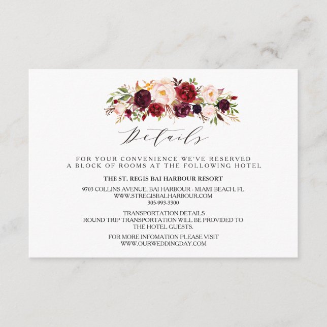 Rustic Floral Wedding Info/Details 2-Sided-3 Enclosure Card (Front)
