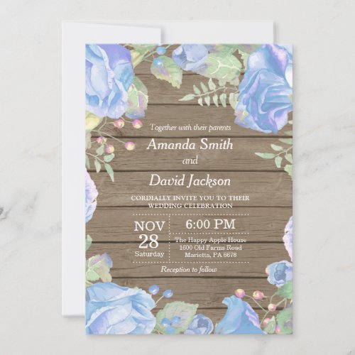 Rustic Floral Wedding Invitation Blue Watercolor