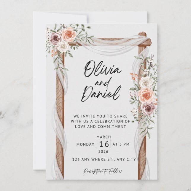 Rustic Floral Wedding Invitation, Elegant Boho Wed Invitation (Front)