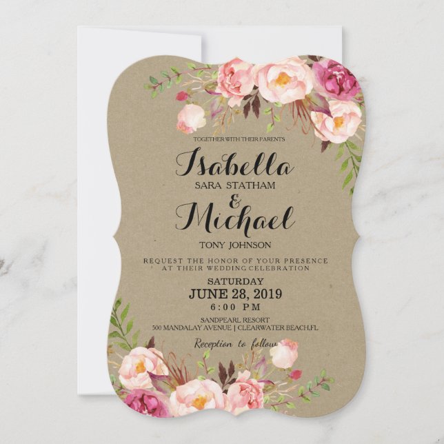 Rustic Floral Wedding Invitation/kraftpaperprintbg Invitation (Front)