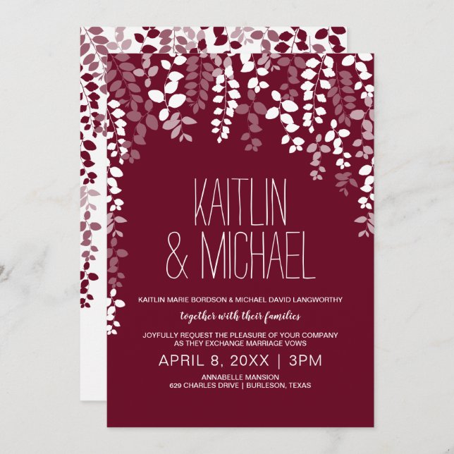Rustic Floral Wedding Invitation (Marsala Wine) (Front/Back)