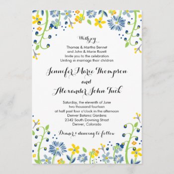 Rustic Floral Wedding Invitation Navy Yellow by PinkHippoPrints at Zazzle