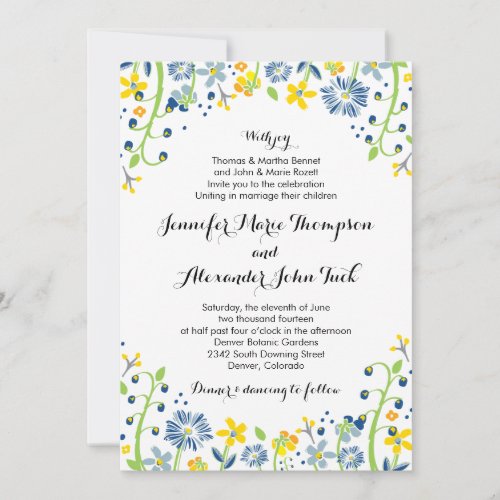 Rustic Floral Wedding Invitation Navy Yellow