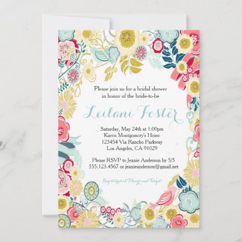 Rustic Floral Wedding Invitation Pink Blue Yellow 5" X 7" Invitation Card