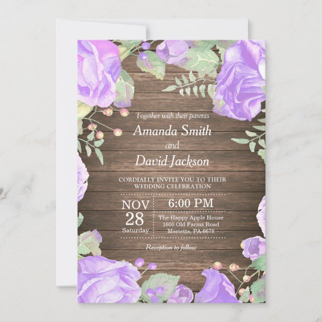 Rustic Floral Wedding Invitation Purple Watercolor (Front)