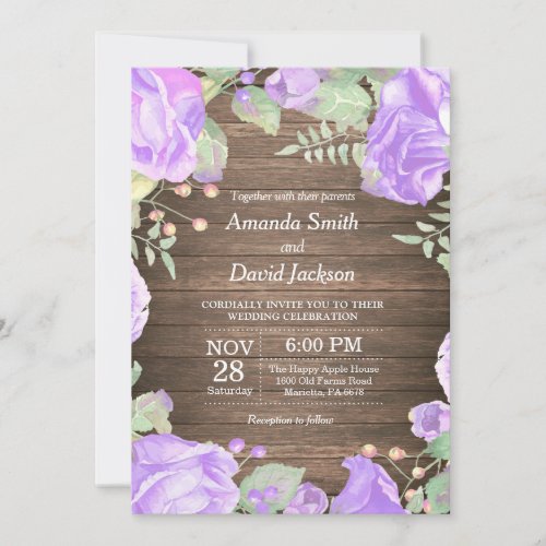 Rustic Floral Wedding Invitation Purple Watercolor