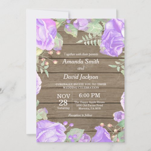 Rustic Floral Wedding Invitation Purple Watercolor