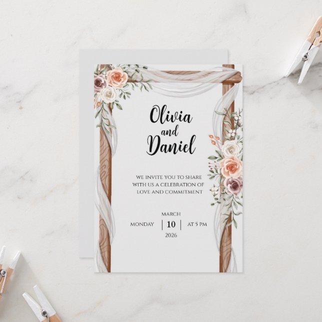 Rustic Floral Wedding Invitation with Wooden Arch (Front/Back In Situ)