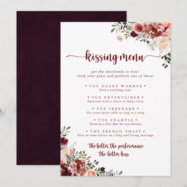 Rustic Floral Wedding Kissing Menu Game Card (Front/Back)