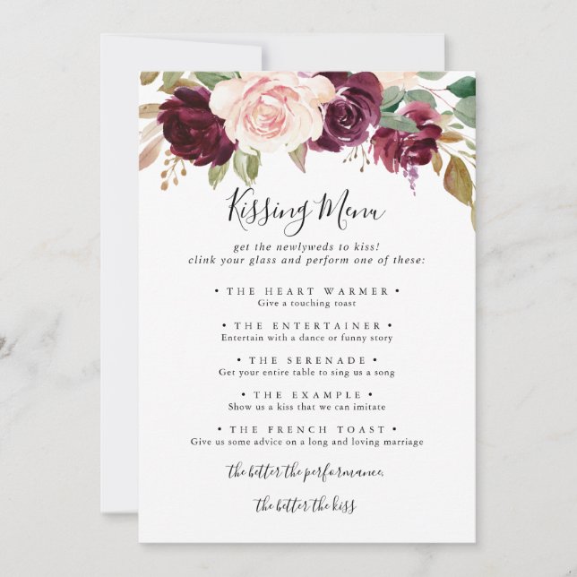 Rustic Floral Wedding Kissing Menu Game Card (Front)