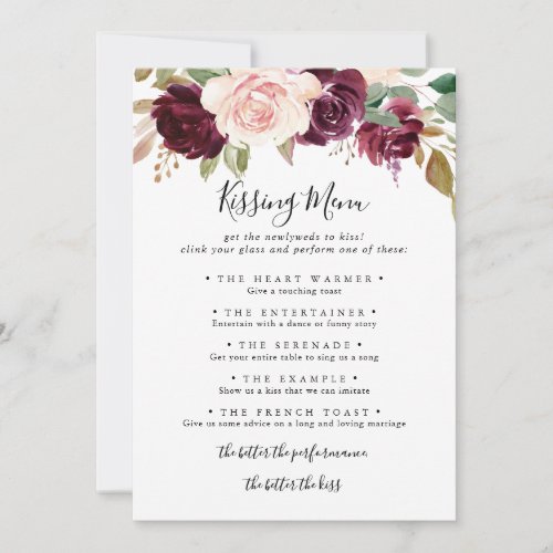 Rustic Floral Wedding Kissing Menu Game Card