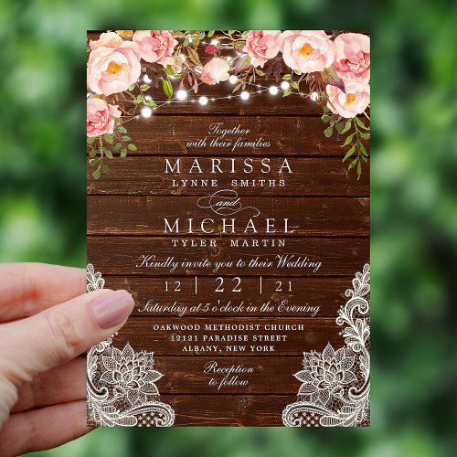Rustic Floral Wedding Lace Wood String Lights Invitation